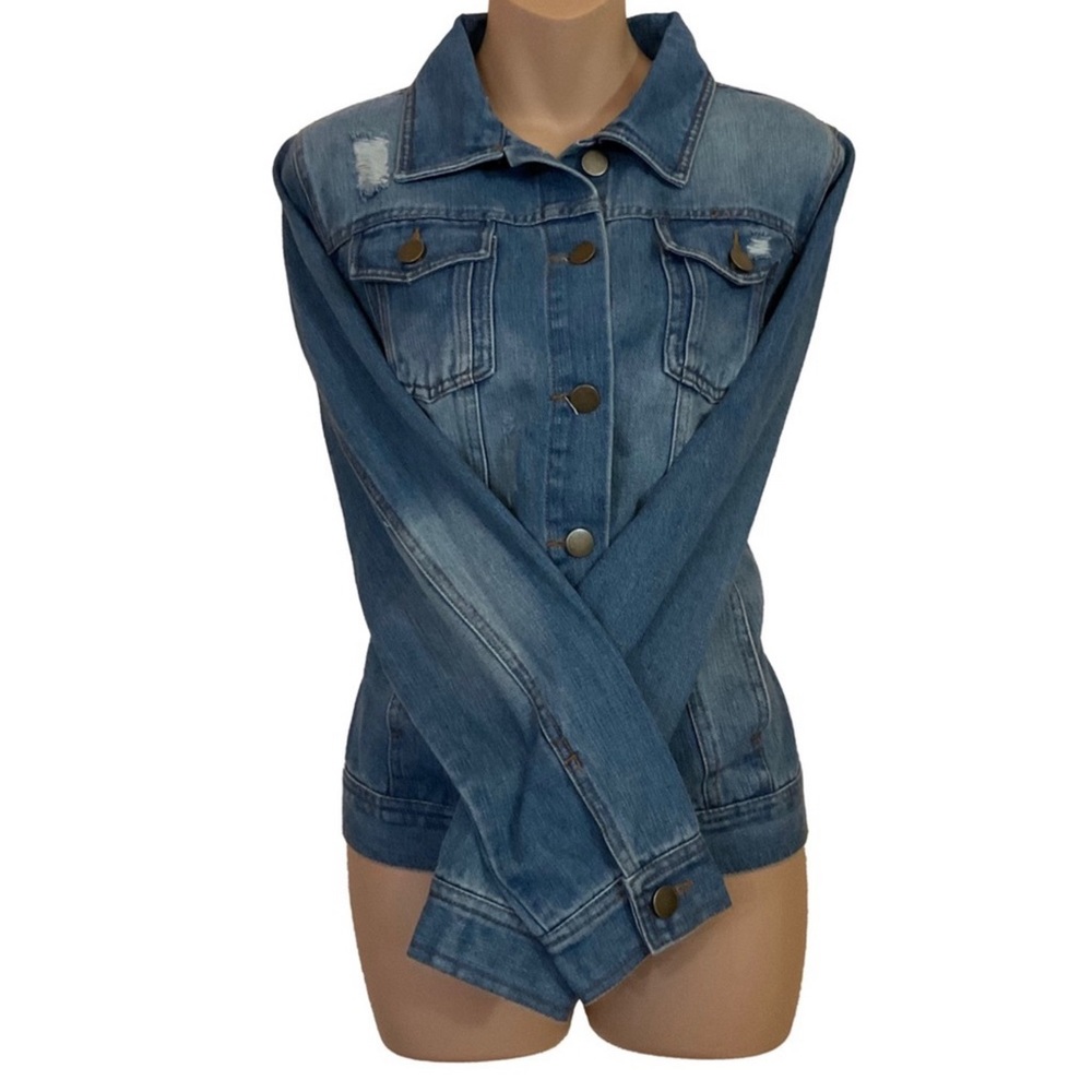 Active USA Denim Floral Embroidery Distressed Jean Jacket Coat